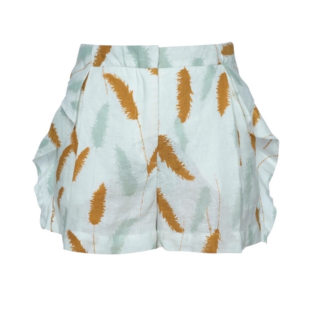 WE-AR Ombak White Leaf Print 100% Natural Linen Shorts Size Large Bohemian
